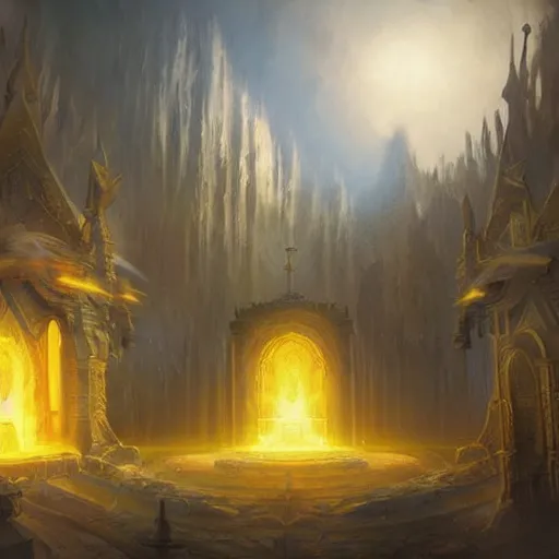 Image similar to a holy temple, yellow light emission, hearthstone art style, epic fantasy style art by Craig Mullins, fantasy epic digital art, epic fantasy card game art by Greg Rutkowski