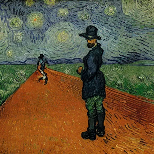 Image similar to a man standing in a rain, vincent van gogh, dark