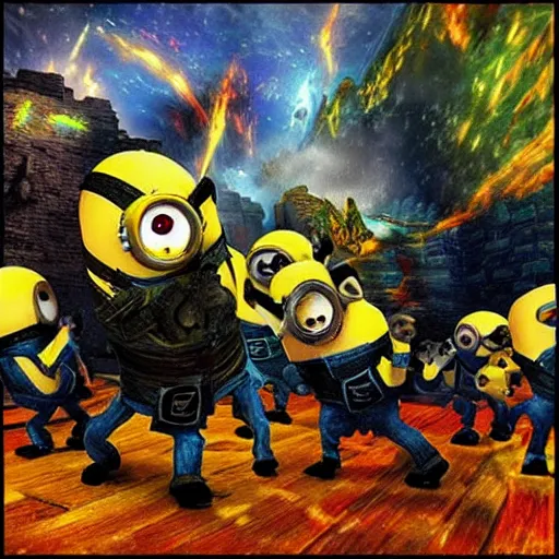 Prompt: “Minions fighting the ender dragon, impressionist style”