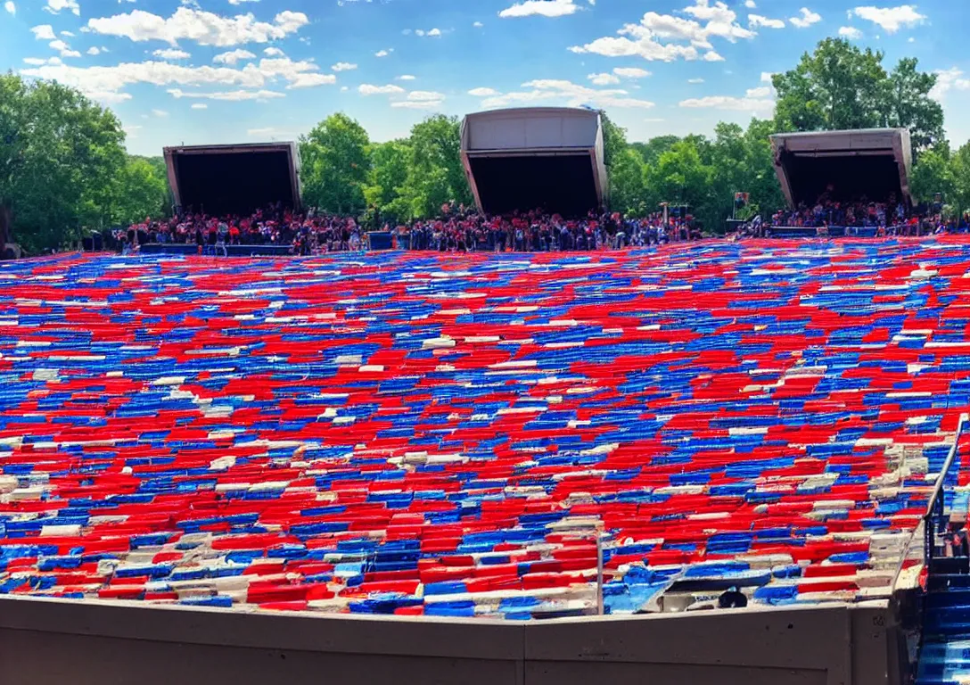 Image similar to Large amphitheater full of people watching a dumpster with a fire inside of it on the stage. Red white and blue themed.