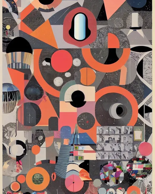 Image similar to A mid-century modern collage, made of random geometric segments from fashion magazines, science magazines, and textbooks, of 2001: A Space Odyssey film poster. 1968