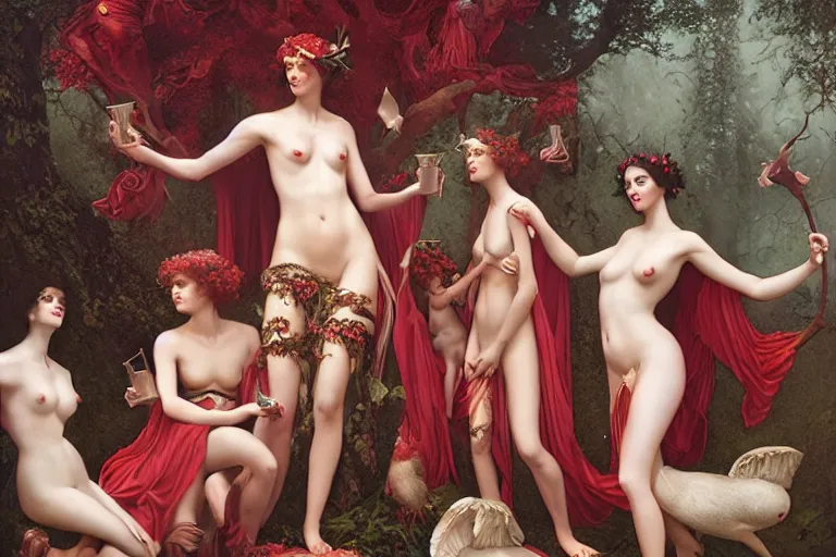 Image similar to the goddess of red solo cups surrounded by a court of nymphs, by tom bagshaw peter kemp