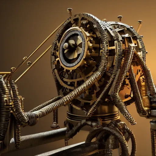 prompthunt: a camera lens made of cogs, gears, pistons, and steam. golden  and brown hues. 8 k. detailed. 3 d render