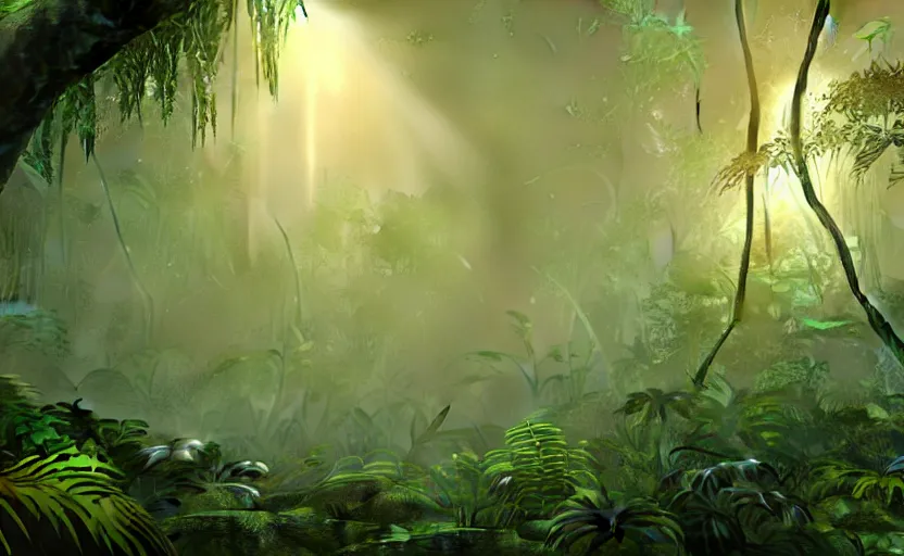 Prompt: a beautiful render of a dark prehistoric rainforest, lush flora, insects flying around, patches of green - orange sky, intricate detail, god rays, hazy, humid, volumetric lighting, 8 k, photorealistic, raytracing effects, unreal engine 5