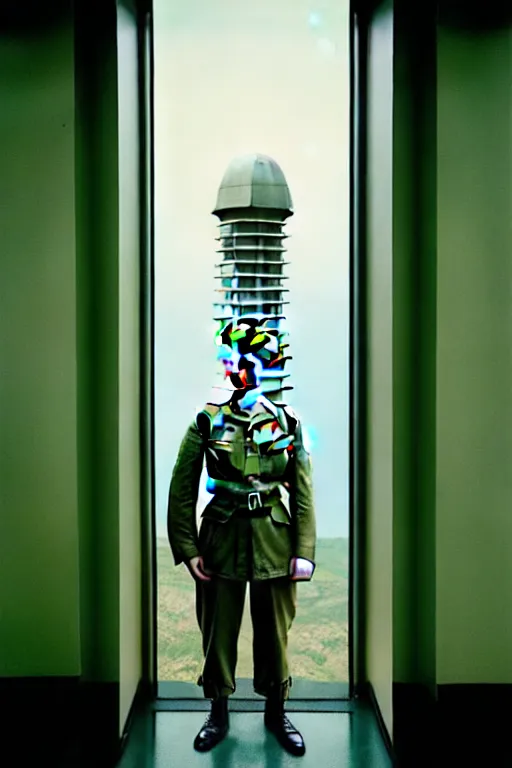 Image similar to kodak portra 5 0 mm f 4 full body portrait photography of a wwii airborne infantry soldier who's a mix of gillian anderson and adam driver, looking exhausted, setting is inside a sci fi megastructure tower looking out a window, photo by erwin olaf