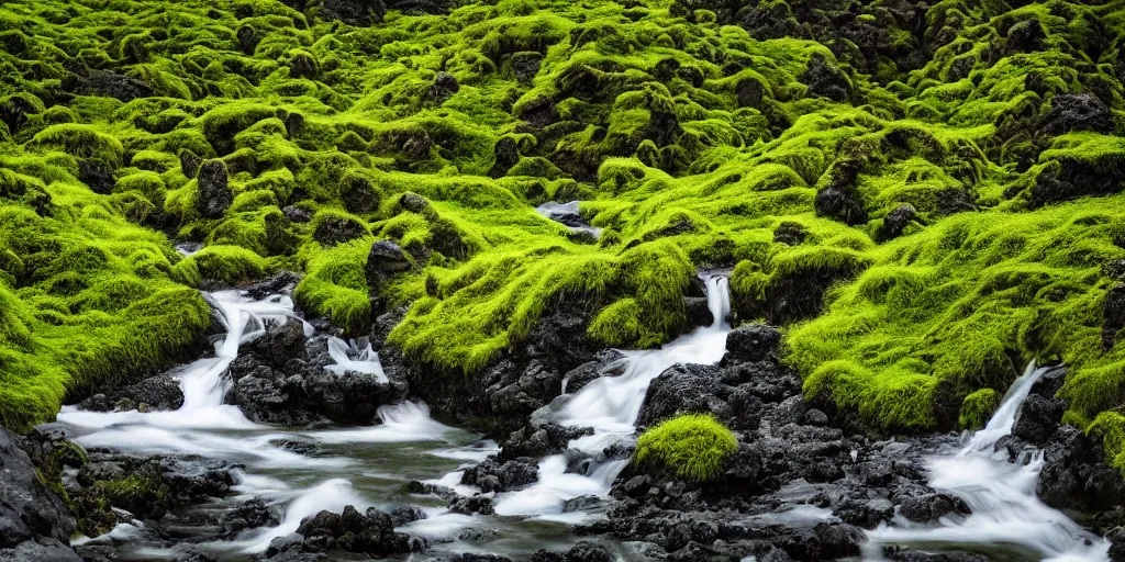 Prompt: photo of a landscape with lush forest, wallpaper, very very wide shot, iceland, new zeeland, green flush moss, national geographic, award landscape photography, professional landscape photography, waterfall, stream of water, small colorful flowers, big sharp rock, ancient forest, primordial, sunny, day time, beautiful