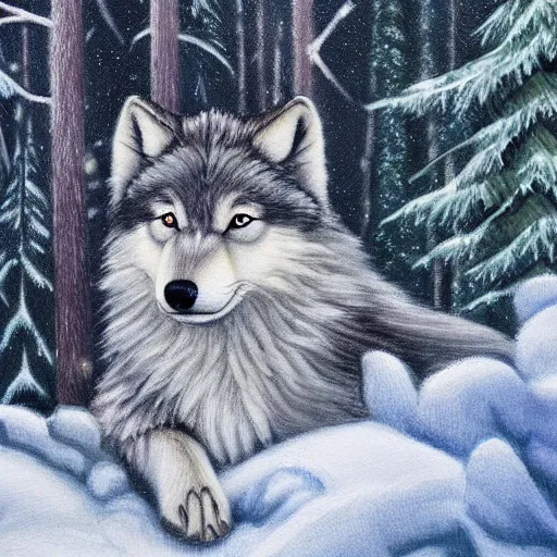 Prompt: cute fluffy wolf cub sitting in snowy winter forest landscape detailed painting 4k