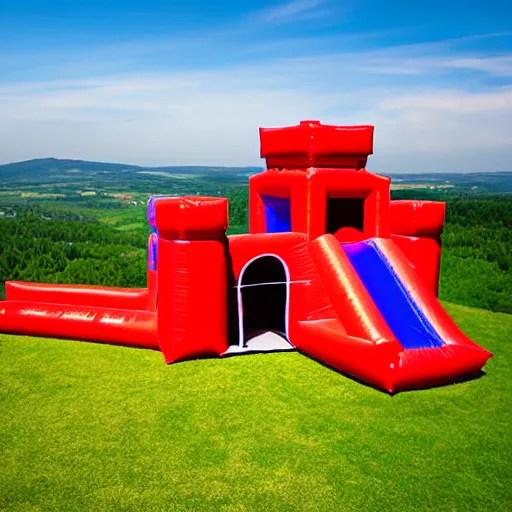 Image similar to Bouncy castle high atop a hill, medieval castle made of vinyl and rubber, inflated colorful castle, aerial photograph, European countryside