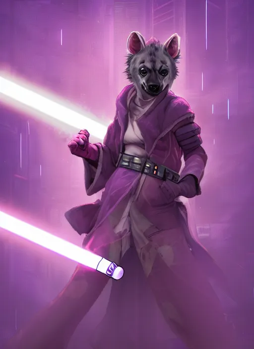 Image similar to character portrait of a female anthro hyena fursona wearing jedi robes wielding an purple lightsaber in a cyberpunk city at night while it rains. hidari, color page, tankoban, 4K, tone mapping, Akihiko Yoshida.