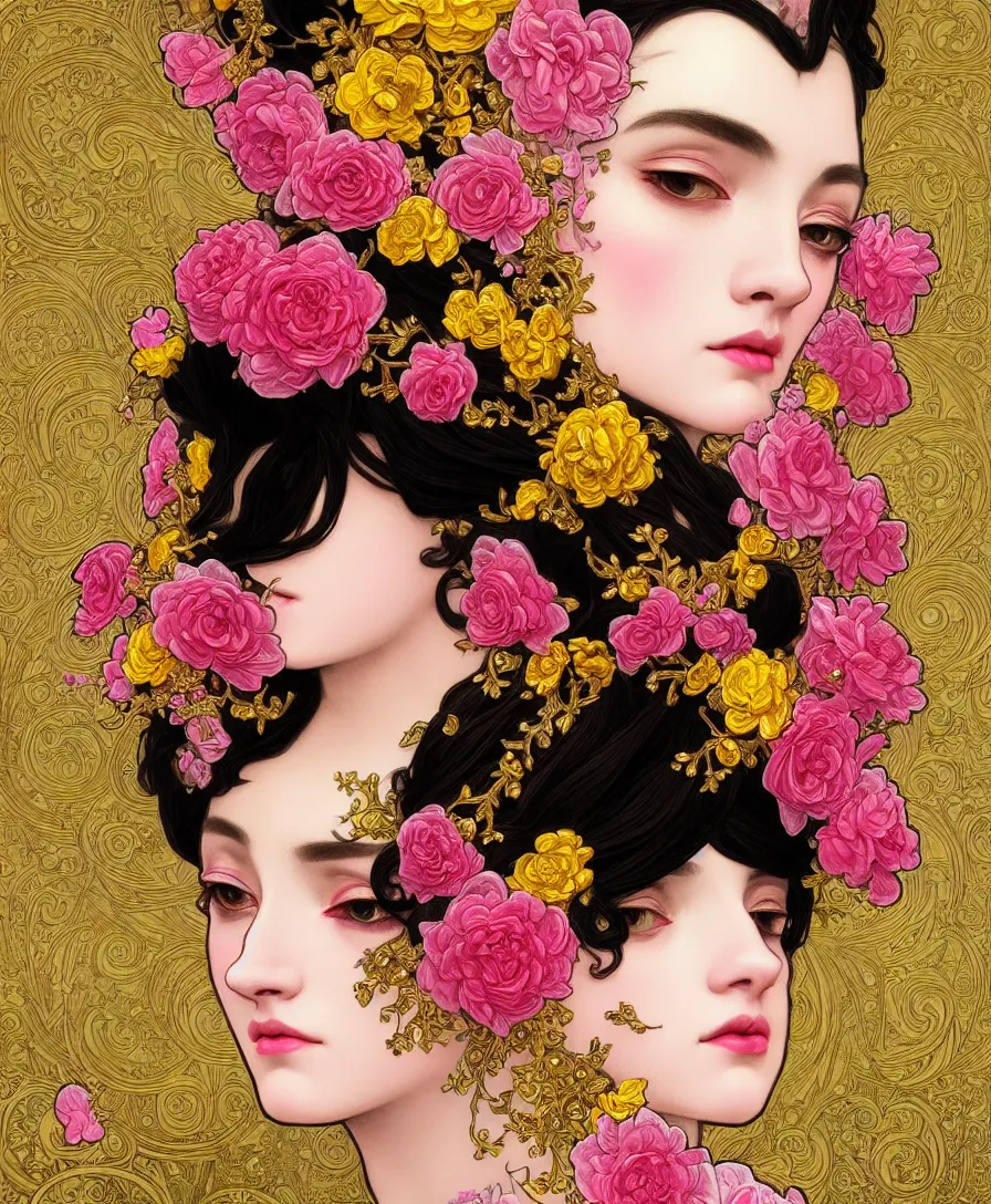 Image similar to beautiful black pink yellow, complicated gold and pink flowers in baroque style headwears, dark fantasy, intricate, elegant, highly detailed, digital painting, artstation, concept art, matte, 3 d 8 k octane rendered, sharp focus, illustration, octane rendered, art by artgerm and alphonse mucha, leesha hannigan