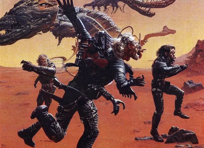 Prompt: brad dourif as a scfi warrior on mars leaping from the path of an charging dinosary, by norman rockwell and james gurney and tom lovell and frank schoonover