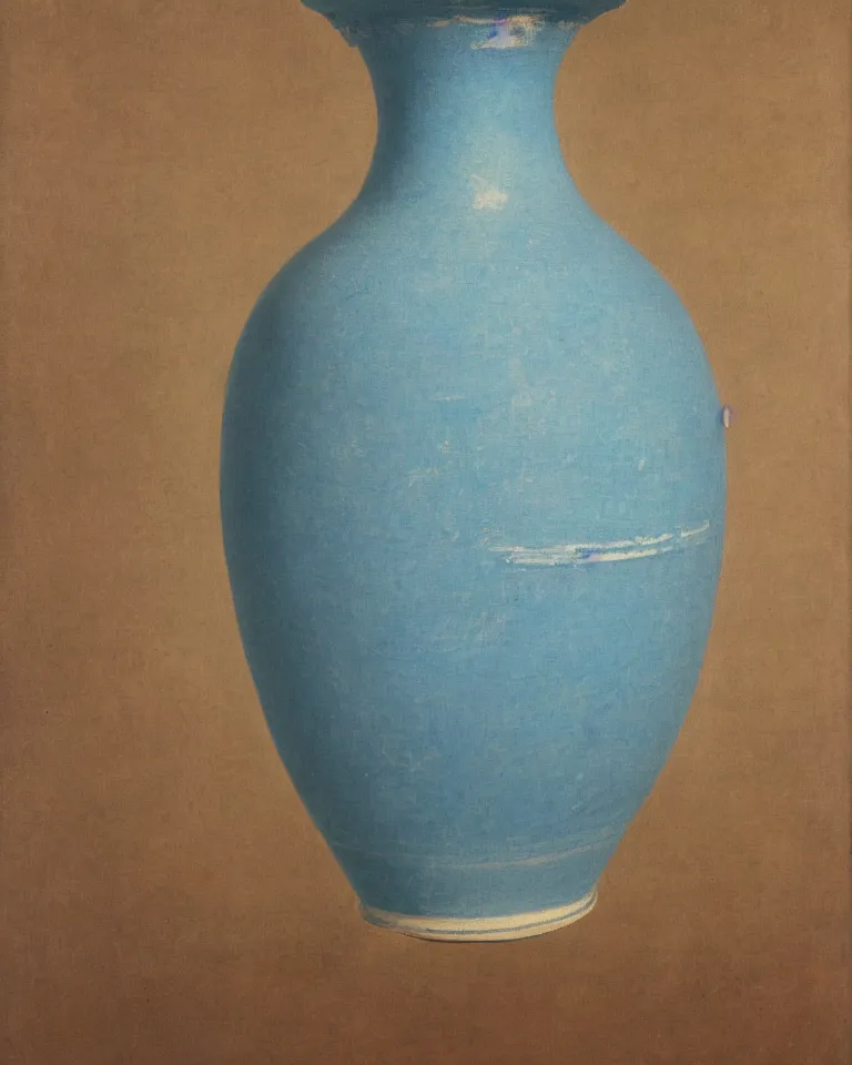 Image similar to achingly beautiful print of solitary painted ancient greek amphora on baby blue background by rene magritte, monet, and turner. sculpted.