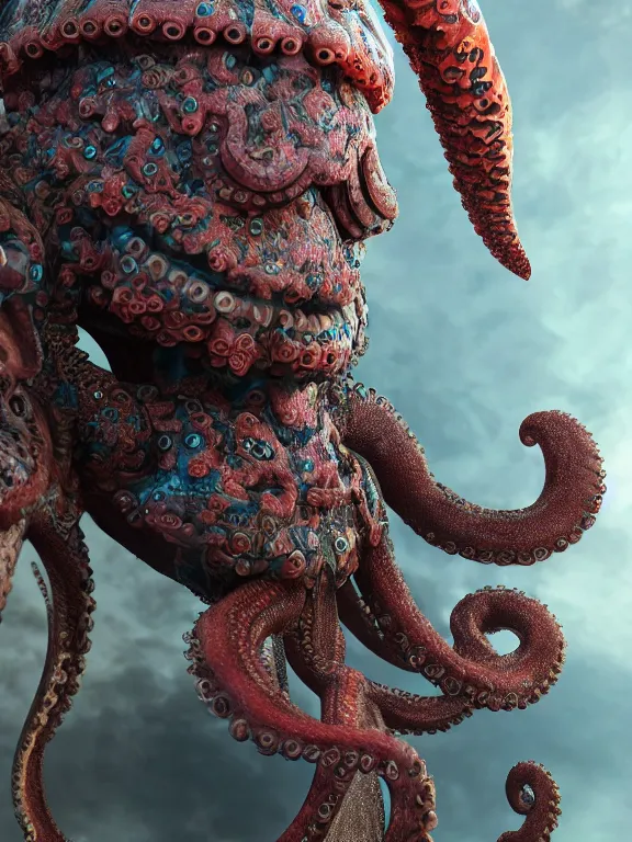 Prompt: full body frontview portrait of powerful warrior in octopus armour, designed in blender, 4 k hd, octane render, intricate and highly detailed, coloured with lots of colour, posing