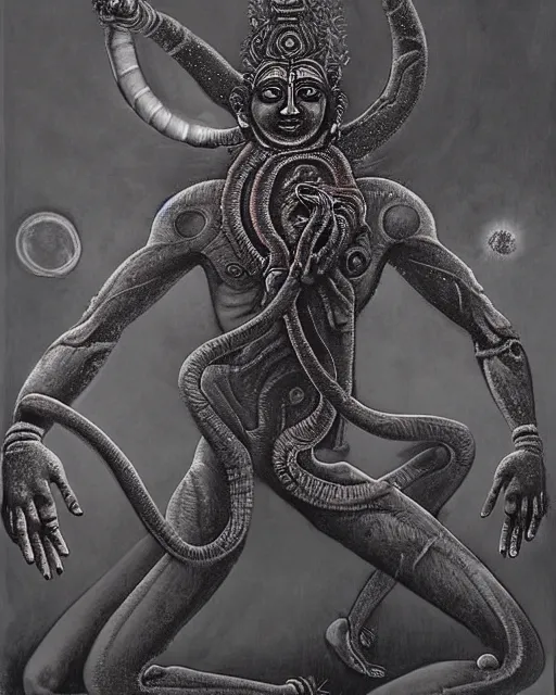 Prompt: One many-armed Shiva in dancing. Nataraja. Tandava. Nuclear explosion on the background. Dark colors, high detail, hyperrealism, horror art, masterpiece, close-up, zoom, biopunk, body-horror, ceremonial portrait, solo, macrophoto, art by Yoshitaka Amano, Beksinski