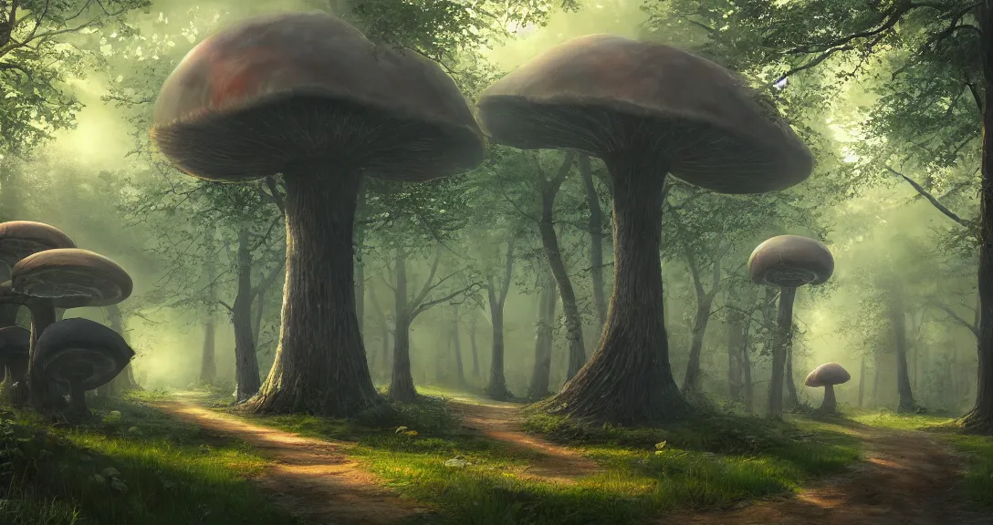 Prompt: road in a forest, giant mushrooms and victorian machinery, morning light, mist, highly detailed, fantasy art, 1 9 9 5 myst engine