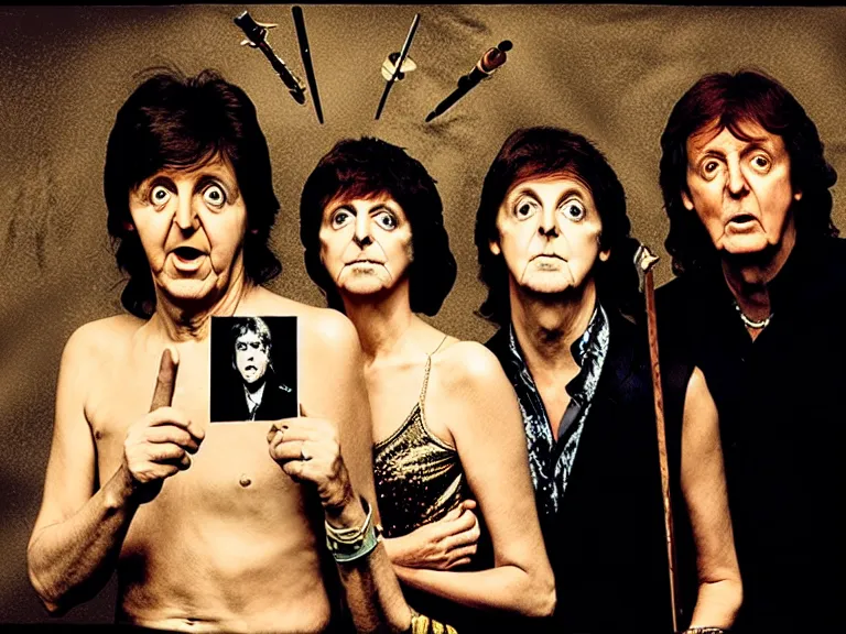 Prompt: a photo of Paul McCartney, Queen Cleopatra, and Conan O’Brian high on meth by Annie Leibovitz