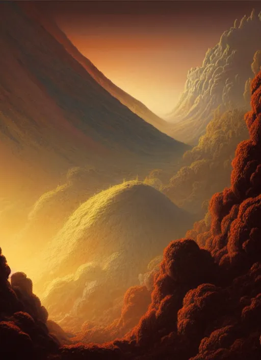 Prompt: extremely full view of lush volcanic planet, soft light, golden glow, jade green, diffuse lighting, fantasy, intricate, surrealism!!!!, highly detailed, lifelike, photorealistic, digital painting, artstation, illustration, concept art, smooth, sharp focus, by greg rutkowski, chris tulloch mccabe, valentina remenar and asher duran