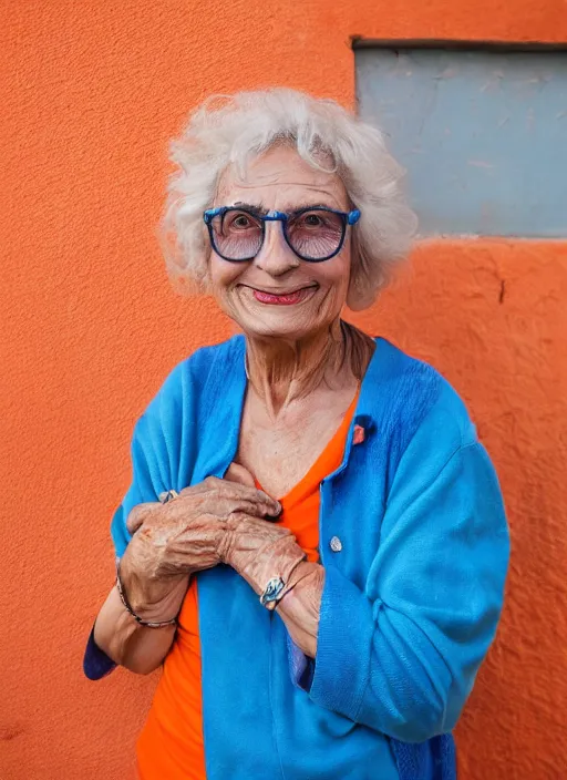 Image similar to Mid-shot portrait of a 65-year-old woman from Cyprus, happy, smiling, strong blue and orange colors, candid street portrait in the style of Martin Schoeller award winning, Sony a7R