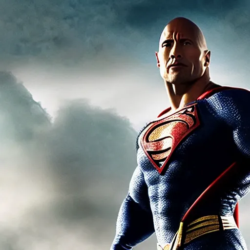 Prompt: Dwayne Johnson as Superman in Justice League, apocalyptic skies behind him, photo, promo shoot, studio lighting