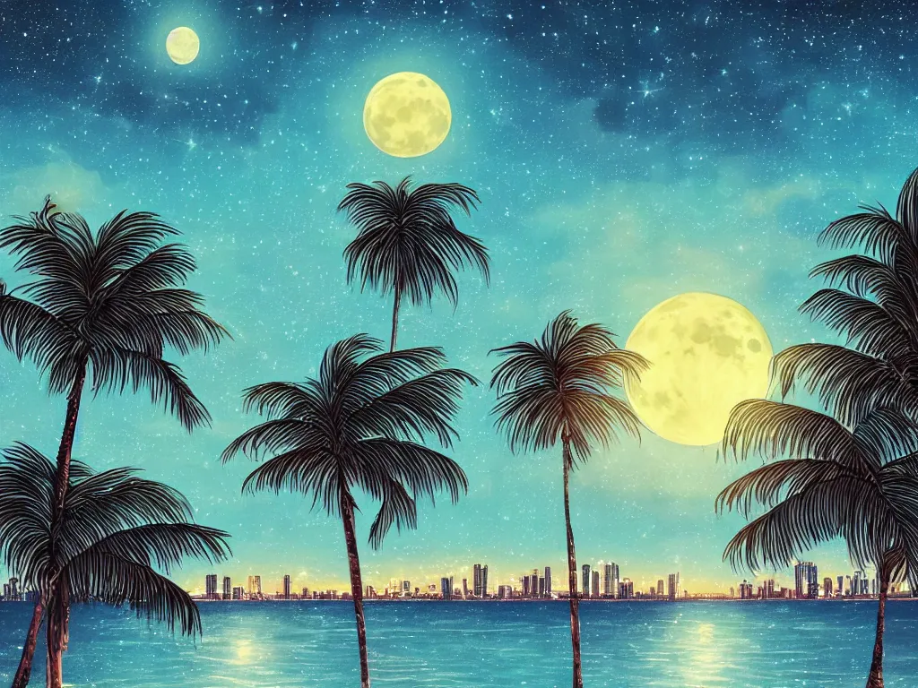 Image similar to night on a summer miami beach, city on the background, palm trees, footprints in the sand, full moon reflected in the calm ocean, starry sky 8 k, ultra detailed, trending on artstation, digital painting, synthwave style