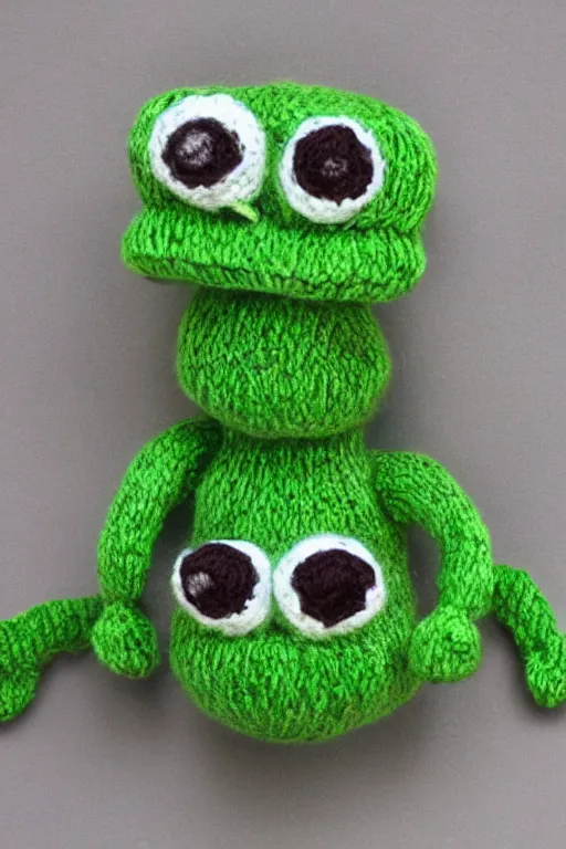 Image similar to Pepe the frog knitted from yarn