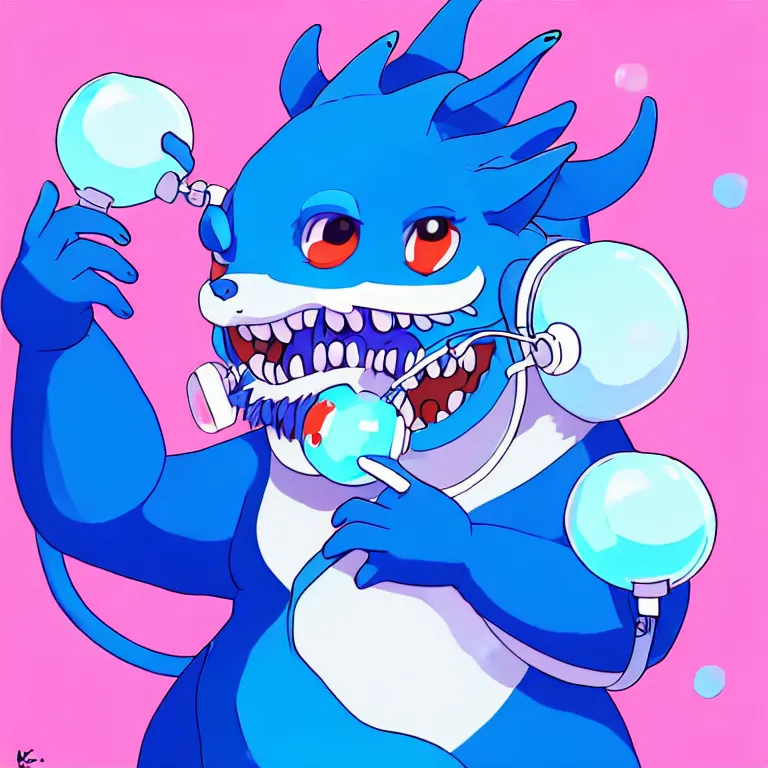 Prompt: a chubby anthropomorphic male blue dragon fursona chewing blue bubble gum, headphones on his head, cute, furry, beautiful, soft colors, oil on canvas, soft lighting