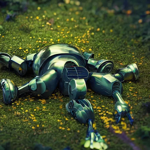 Image similar to beautiful overgrown foliage taking over an ( beautiful abandoned human - shaped robot body laying on the ground ), close - up, 3 5 mm, biopunk, bokeh, beautiful, lens flare, emotional, sweet, flowers, detailed, picture, trending on artstation, award - winning, shiny, golden, angle view, octane render