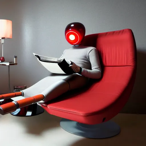 Image similar to futuristic studious matte brown and red and chrome full-body humanoid robot with two huge round expressive sad purple glowing LED eyes and open rectangular mouth sitting on a large comfortable cushioned 1950s vintage recliner reading a newspaper. open newspaper. full shot Cinematic Movie Photograph, Arri Alexa, Extremely Detailed, smooth, very very clean, white cyc, white background, 8K, octane render, maya render, unreal engine, trending on artstation, DSLR, excellent composition, center frame