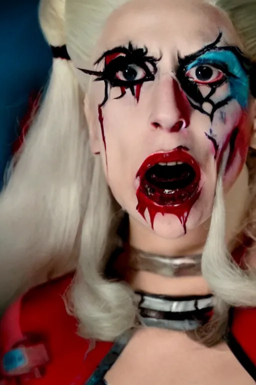 Image similar to film still of Lady Gaga as Harley Quinn in American Horror Story, 4k