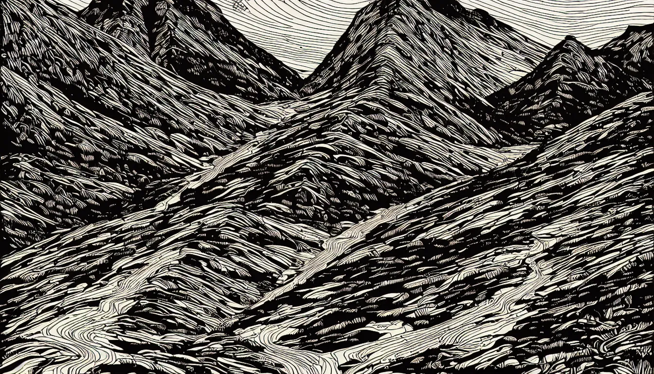 Image similar to mountain trail by dan mumford and peter doig and edward hopper, symmetrical, minimal, black ink, thick lines highly detailed, muted colours 8 k