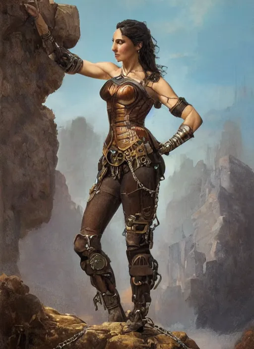 Image similar to oil painting of a highly detailed steampunk gal gadot in handcuffs while standing on a rock : leonardo da vinci, greg rutkowski, magali villeneuve