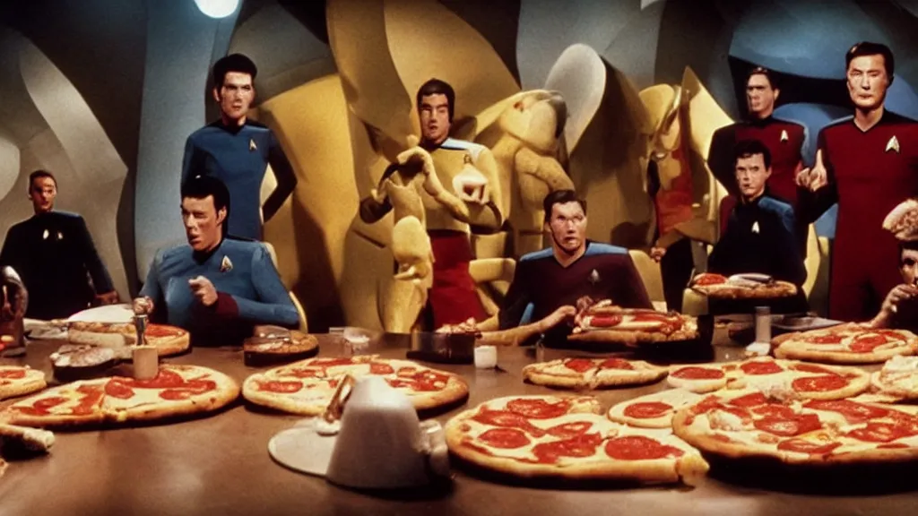 Image similar to giant monsters made of pizza and sharp teeth eating people, star trek, film still from a movie directed by Denis Villeneuve with art direction by Salvador Dalí, wide lens