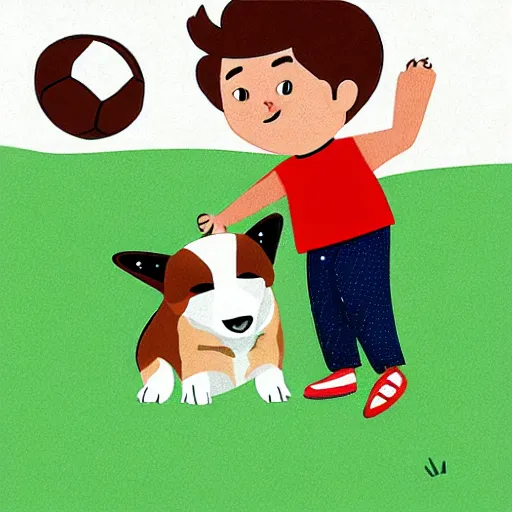 Image similar to illustration of french boy playing football with a corgi who is wearing a polka dot scarf