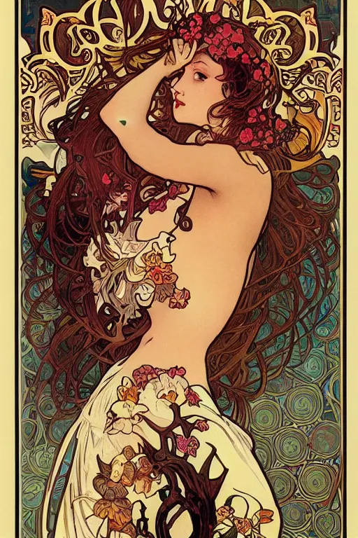 Prompt: female, beautiful, art noveau, alphonse mucha, louis royo, adam hughes, comic poster art, fall flowers, skulls, day of the dead, pumpkin, autumn, queen, spooky, cartoon, pencil drawing