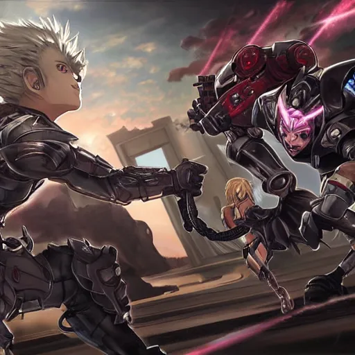 Prompt: senator armstrong from metal gear rising revengance fighting astolfo from fate grand order, oil painting, hyper detailed