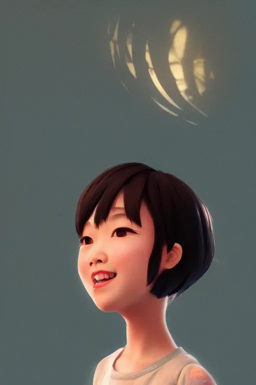 Prompt: a portrait of cute Asian girl singing, short hair, in the style of DreamWorks animation, low angle view, 16mm lens, award winning, hyper detailed, dramatic lighting, artstation, octane renderer, unreal engine