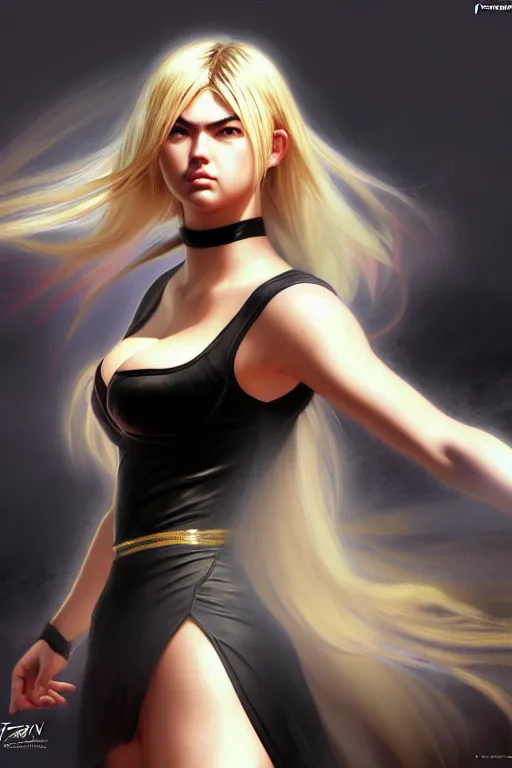 Image similar to Tekken 4 fighter anime Stunning Portrait Kate Upton with long black dress, blonde long hair, in a fighting stance, digital painting, artstation, concept art, soft light, hdri, smooth, sharp focus, illustration, art by tian zi, craig mullins, Mark Arian, WLOP, alphonse mucha