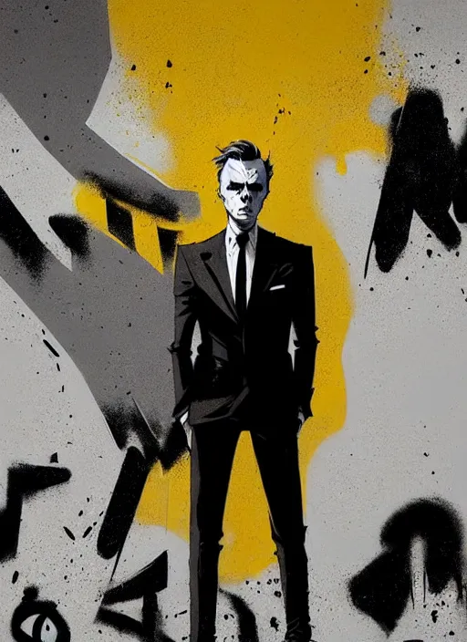 Image similar to highly detailed closeup portrait of angry handsome martin wallstrom, tyrell wellick, wearing suit by atey ghailan, by greg rutkowski, by greg tocchini, by james gilleard, by joe fenton, by kaethe butcher, gradient cyan, brown black, yellow and white only color scheme, grunge aesthetic!!! ( ( graffiti tag wall background ) )