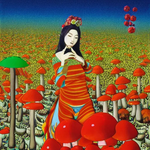 Image similar to a japanese psychedelic love goddess, a sense of awe, offering mushrooms, illustration, slime, amanita - muscaria, elegant, hyper realistic, super detailed, by tadanori yokoo