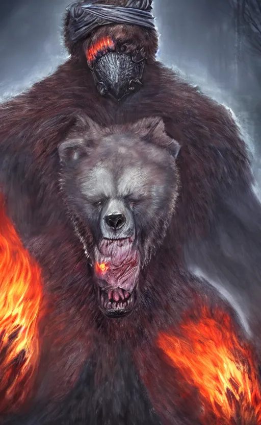 Prompt: portrait of a bear beast - man wearing a turban, with fire in his eyes, wear bloodborne, concept art trending on artstation photorealistic image 8 k