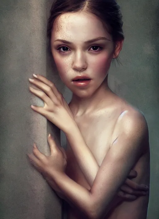 Image similar to a realistic photo portrait of beautiful 👧 with soft 👀 fashion modeling pose, full body, like a professional model, face by WLOP, body by Alex Flores, face symmetry, style of Dan Luvisi, and Charlie Bowater, rendered, cinematic color grading, muted colors, soft light, rule of thirds, cinematic