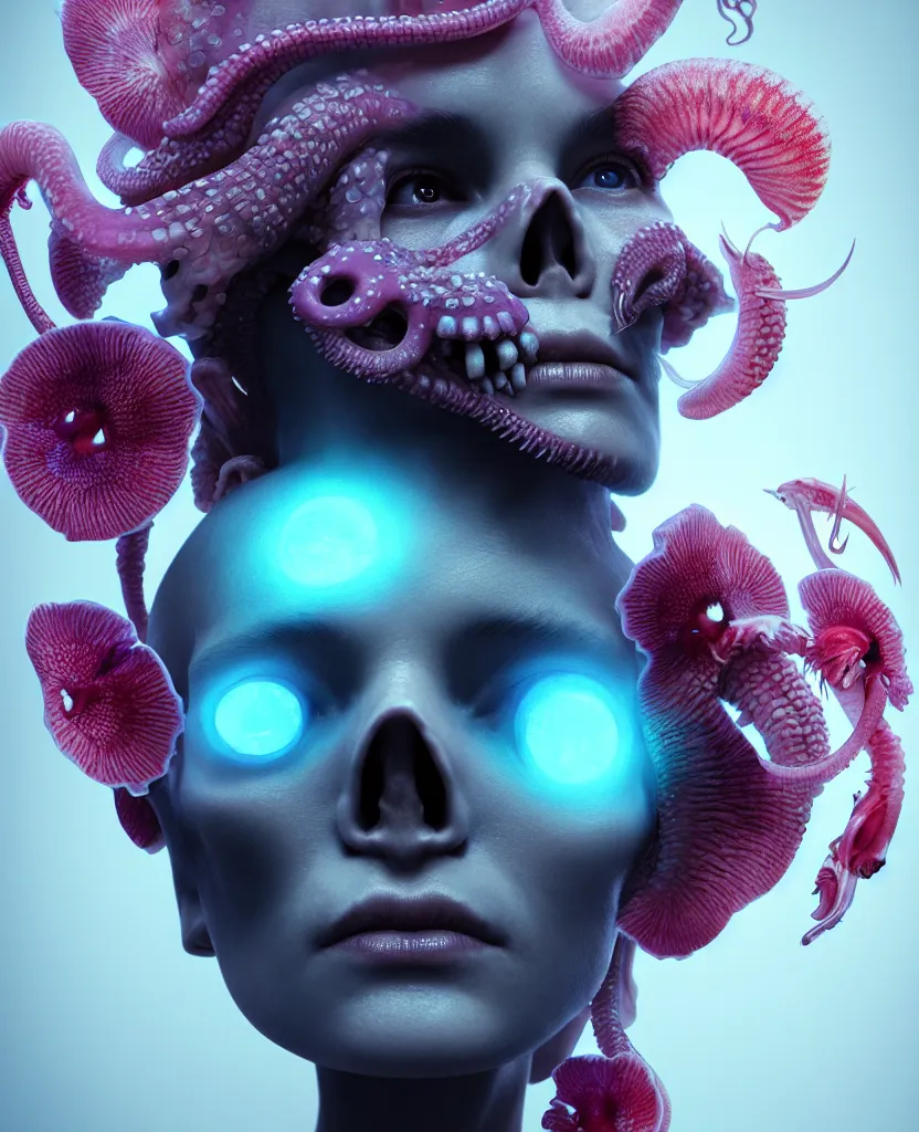 Image similar to goddess close - up portrait human skull, ram skull, squid phoenix jellyfish, orchid, betta fish, bioluminiscent, intricate artwork by tooth wu and wlop and beeple. octane render, trending on artstation, greg rutkowski very coherent symmetrical artwork. cinematic, hyper realism, high detail, octane render, 8 k