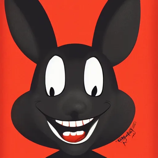 Image similar to A extremely highly detailed majestic hi-res beautiful, highly detailed head and shoulders portrait of a scary terrifying, horrifying, creepy black cartoon rabbit with scary big eyes, earing a shirt laughing, hey buddy, let's be friends, in the retro art style of Walt Disney