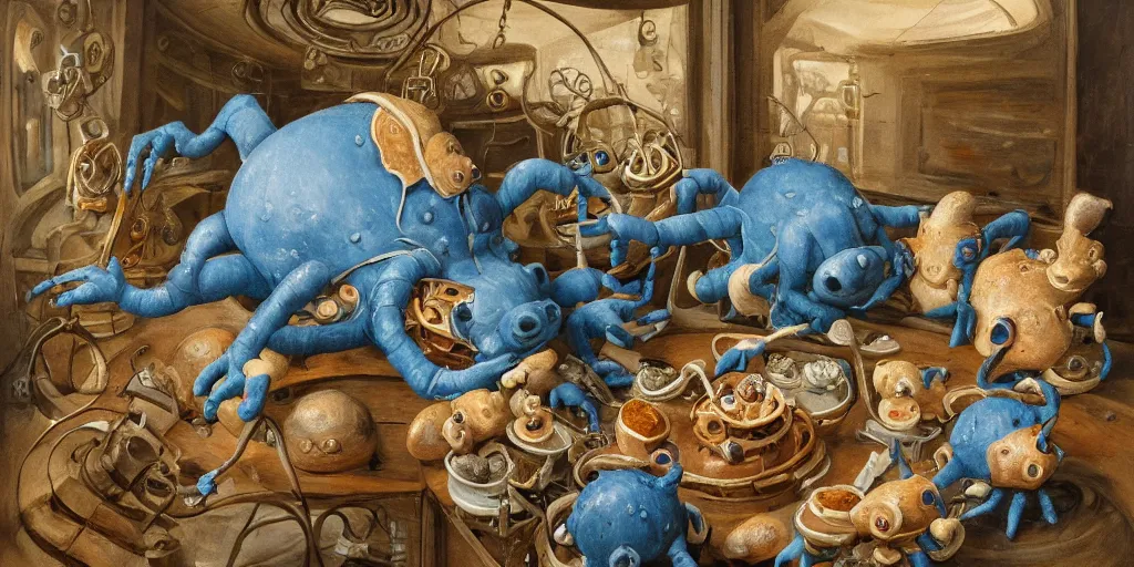 Prompt: portly spider - piglet creatures enjoying a snack in a biomechanical space station interior, bucolic, rococo, baroque, american realist, sublime, comforting, warm light, burnt sienna, cerulean blue, figurative painting, grisaille