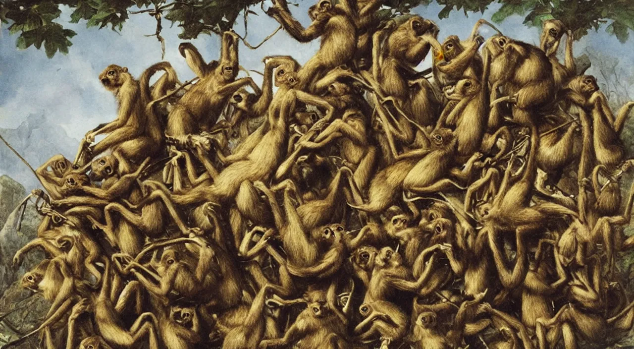 Prompt: ten monkey like ants on a giant ant of monkeys, by most renowned artist of the romanticism, hiperrealism,