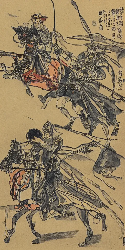 Prompt: man riding a chariot colored and drawn by Shuichi Shigeno