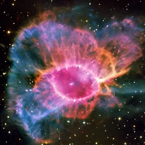Prompt: Hubble Space telescope image showing details of a the crab nebula. Gaseous filaments resemble orange hair with pink highlights. In the center of the frame, emerging from the hair, is a blue face, seen in profile, of an attractive Greek celestial goddess with an aquiline nose, and a gental smile. Her head is tilted down. She is made of glowing blue nebula gas, and her blue face is emerging from a larger pink and orange nebula which is her hair. High resolution image by Hubble Space Telescope.
