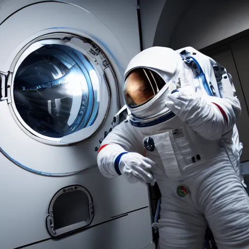 Prompt: Photograph of a terrified astronaut being washed in a washing machine. 8k resolution.