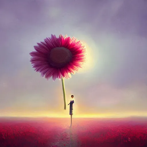 Image similar to giant daisy flower as a head, frontal, a girl in a suit, surreal photography, sunrise, dramatic light, impressionist painting, digital painting, artstation, simon stalenhag