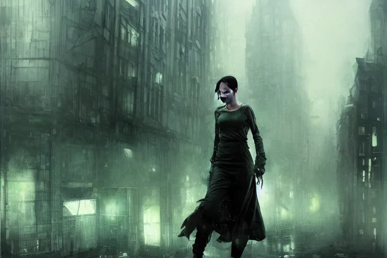 Prompt: battle hardened, overpowering, pragmatic, charismatic female character from the matrix, face centered portrait, confident, ruined amsterdam cityscape, dilapidated, architecture, fog, volumetric lighting, illustration, perfectly shaded, greenish tinge, cold lights soft painting, art by krenz cushart and wenjun lin